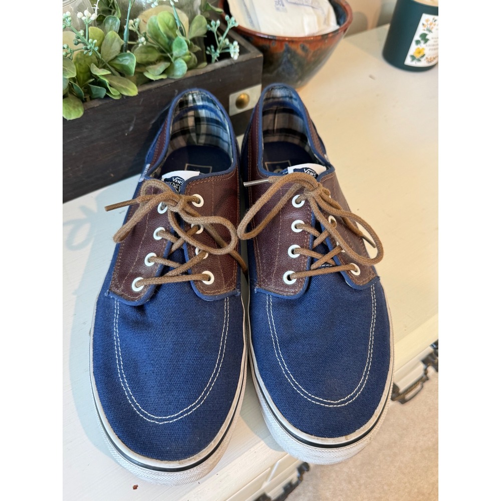Vans Era 59 Mens 13 Navy Blue Brown Leather Canvas Low Top Skate Shoes Sneakers